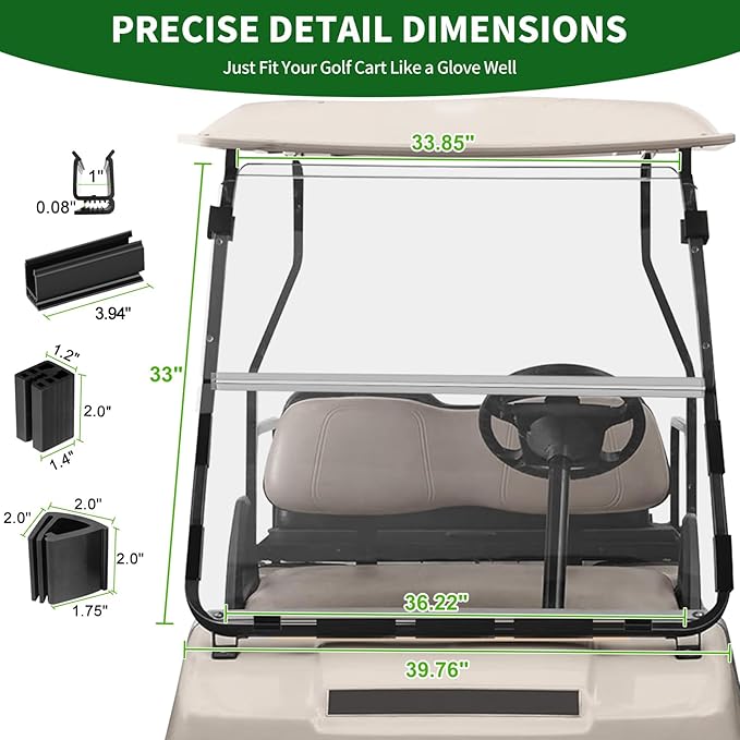 Golf Cart Foldable Windshield 3/16" (5MM) Only Fits 1982-2000 Club Car DS 1"×1" Struts Upper and Down Straight Rail, Folding Acrylic Replacement - Clear (Not Fit Top Tapered Rail Style)