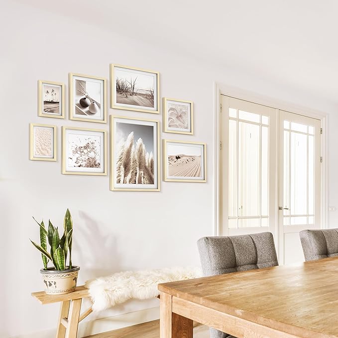 ArtbyHannah Gallery Wall Frame Set, 8 Pack Picture Frames Collage Wall Decor with Neutral Pampas Grass Art for Living Room, Assorted Size Including 11"x14", 8"x10", 5"x7"(Beige Frame)