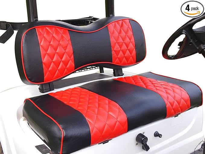 Huskey 4PCS Golf Cart Front/Rear Seat Covers for EZGO Medalist/TXT 94-13 Custom Two-Tone Black/Red Diamond Stitching with Red Piping, Marine Grade Vinyl Material, Staple on Design