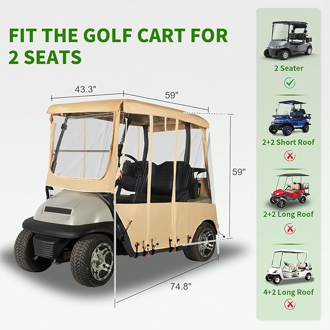 Tecoom Golf Cart Enclosure 2 Passenger, Rain Cover 600D Oxford Waterproof Snowproof, 4 Door Zippers, Clear Windows & 8 Windproof Hooks, Fit for EZGO, Yamaha, Club Car, 59'' Roof Length, Beige