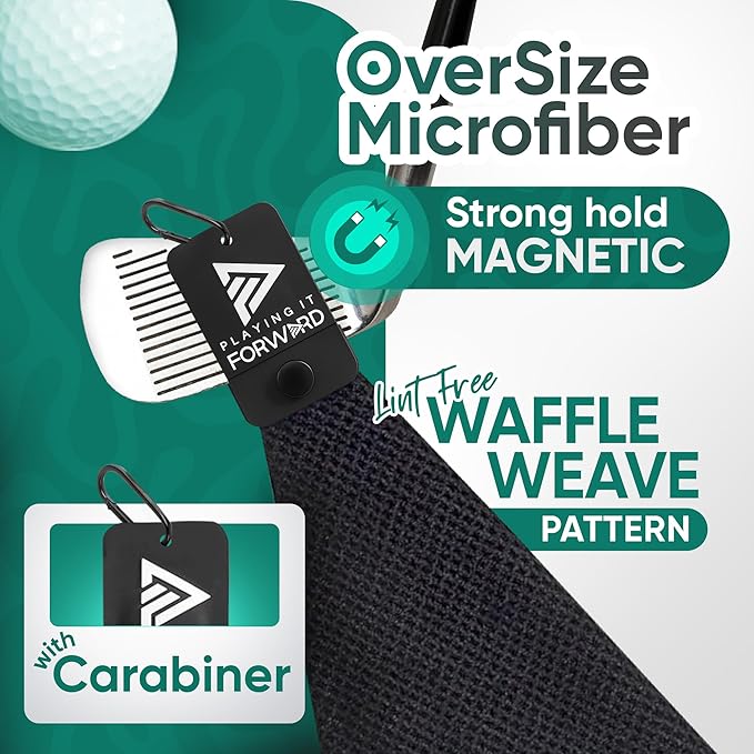 Magnetic Golf Towels for Golf Bags with Clip & Ultra Strong Magnet - Waffle Weave Microfiber Towel for Secure Hold on Bags & Carts - Ideal Club Cleaner & Accessories - Black
