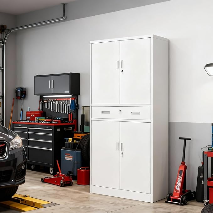 BESFUR 71" H Metal Storage Cabinet with 1 Lockable Drawer and 2 Lockable Doors, Garage Storage Cabinet with 2 Adjustable Shelves, Locking Cabinet for Garage, Office, School - White