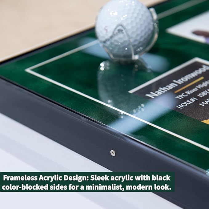 One-Shot Victory Golf Ball Display Frame – Acrylic Case with External Ball Mount, Custom Photo & Nameplate, Green Suede Mat, Elegant Golf Keepsake Gift