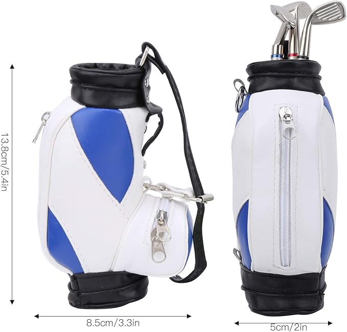 Golf Bag Pen Holder, Mini Desktop Zinc Alloy Golf Bag Pen Holder Set with Golf Pens Gift Souvenir for Golfers Office Decor (Blue White)