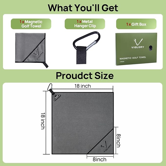 Magnetic Golf Towel for Bag 18" x 18" with Clip Exclusive Cleaning Pocket Microfiber Waffle Ultra Absorbent Club Ball Cleaner Essential Golf Accessories and Gifts for Men Women(Grey 1 Pack)