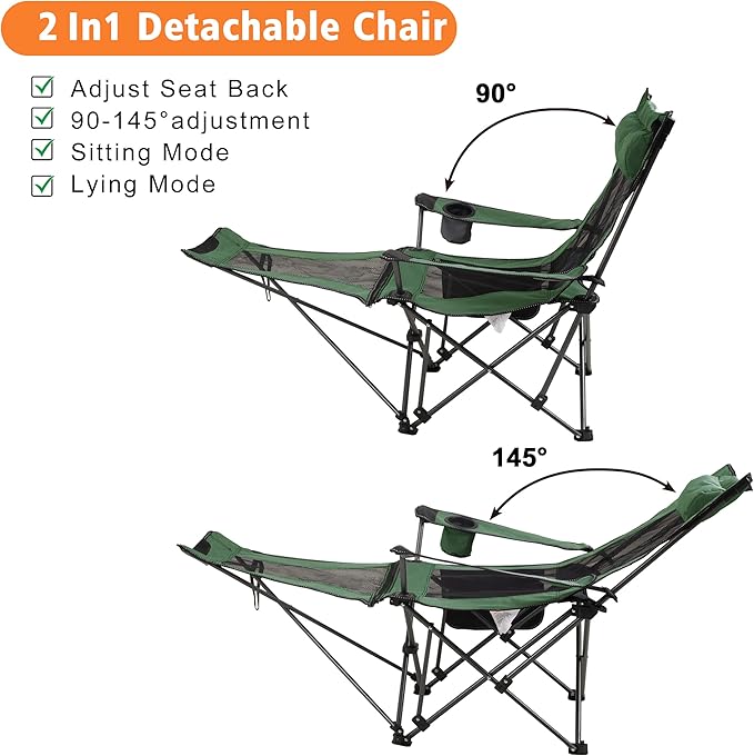 LEADALLWAY Camping Folding Chair with Foot Rest, Collapsible Camp Chair with Cup Holder and Removable Storage Bag, Heavy Duty Beach Chair for Outdoor Camp, Picnic, Travel, Fishing