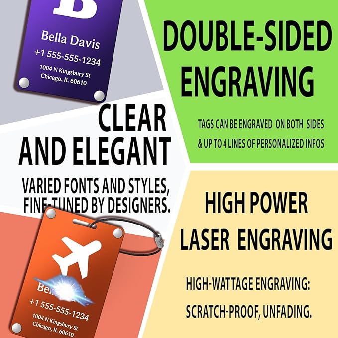 Luggage Tags for Suitcases 4 Pack: Personalized Luggage Tags for Backpacks & Bags Tags with Coustomizable Texts (Black)