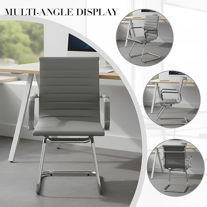 CIMOTA Waiting Room Chairs Leather Office Guest Chair Mid Back Reception Chairs with Sled Base for Meeting/Patient/Conference Room, Grey Set of 2