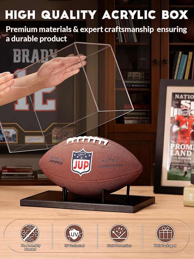 JupDec Football Display Case Full Size, Acrylic Clear Box with Wood Stand, UV Protected Memorabilia Holder, for Football Fans & Collectors, Sports Collectibles, No Assembly Required, Black