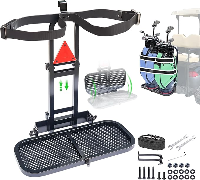 Golf Cart Bag Holder Bracket Upgraded Metal Attachment for 2+2 Rear Seat with 1 Inch Square Rail Golf Cart, No Drilling Required Golf Bag Rack for EZGO Club Car Yamaha Included All Hardware