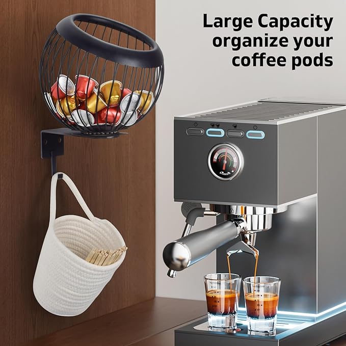 360° Swivel Wall Mount Golf Ball Storage Rack for Garage with Accessories Bag, Wall Mount Coffee Pod Holder Wire Basket for K Cups, Space-Saving Golf Ball Organizer Storage for Home, Clubs