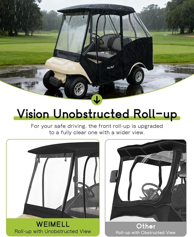 Golf Cart Enclosure 4 Passenger for Club Car DS 4-Seater 2+2 Short Roof Winter Waterproof Windproof Driving Rain Cover with 4-Sided Clear Windows Mirror Zipper Roll-up Door Black