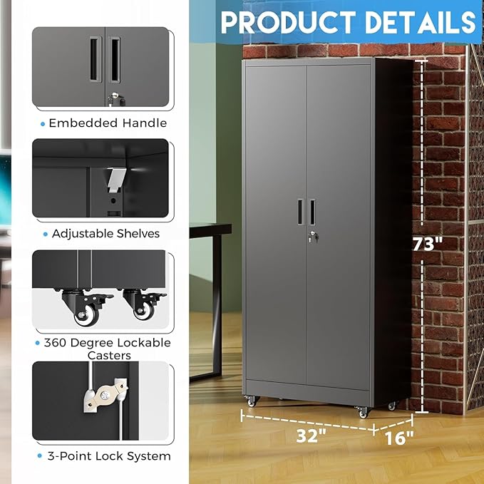 Greenvelly Metal Storage Cabinet with Wheels, 73" H Garage Storage Cabinet with 4 Adjustable Shelves and Locking Doors, Garage Rolling Storage Cabinets for Home, Warehouse, Garage, Black