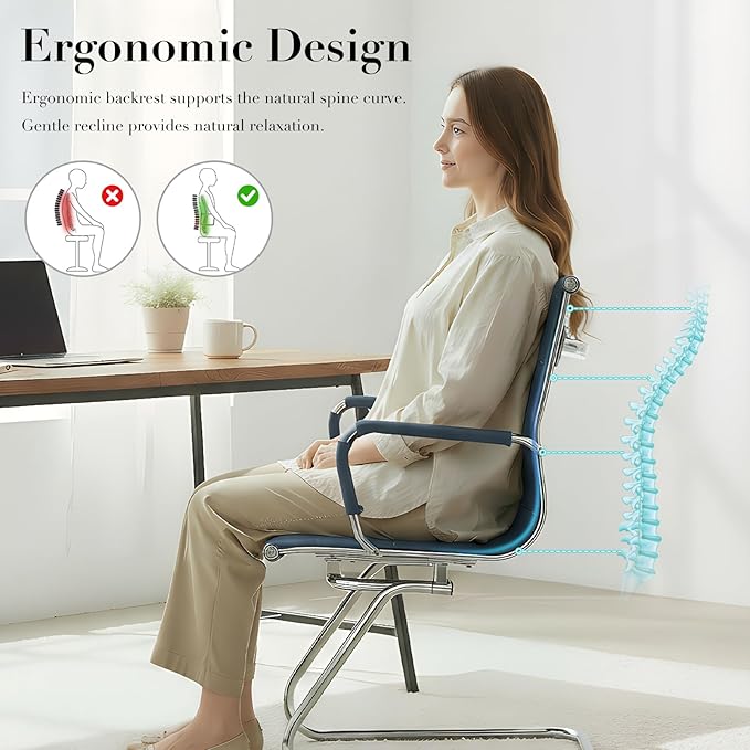 CIMOTA Waiting Room Chairs Leather Office Guest Chair Mid Back Reception Chairs with Sled Base for Meeting/Patient/Conference Room, Navy Set of 4