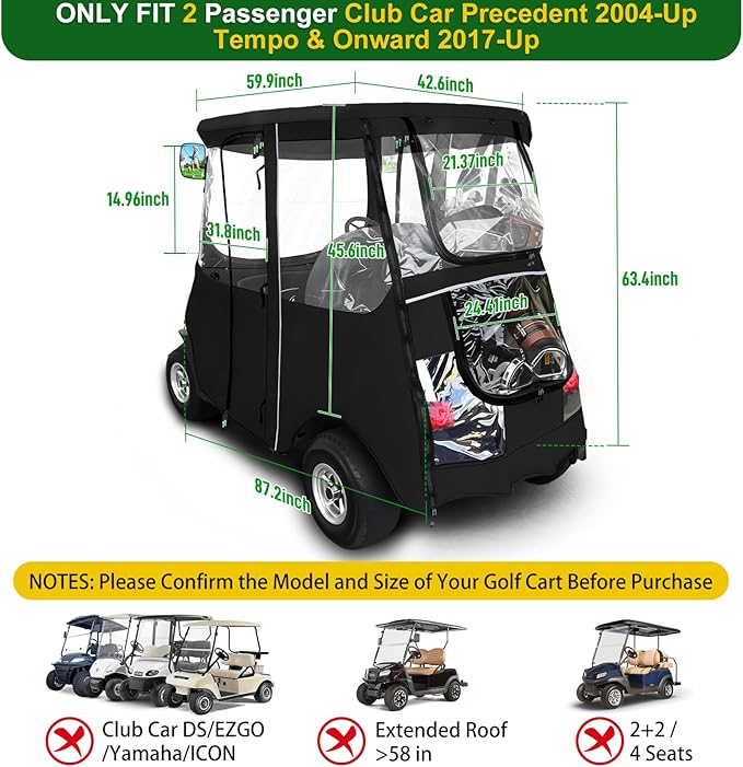 Golf Cart Deluxe Driving Enclosure 2 Passenger Fits Club Car Precedent 2004-Up, Tempo & Onward 2017-Up, Fits Short Roof 42.6" W and 59.9" L, Clear Window with Door Zippers 600D Rain Cover