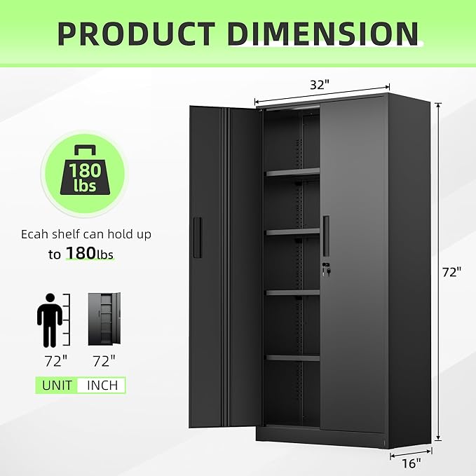 INTERGREAT Black Metal Storage Cabinet, 72" Locking Steel Cabinets with 2 Door and 4 Adjustable Shelves, Tall Metal Cabinet for Home Office, Garage, Warehouse