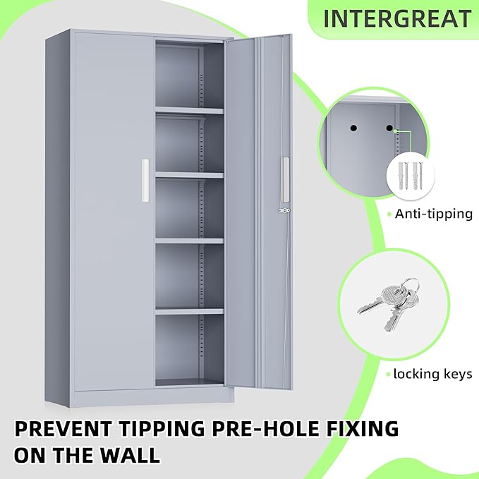 INTERGREAT Metal Storage Cabinet, 72" Locking Steel Cabinets with 2 Door and 4 Adjustable Shelves, Tall Metal Cabinet for Home Office, Garage, Warehouse,(Cement)