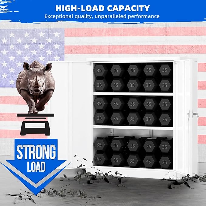 INTERGREAT Metal Garage Storage Cabinet, 36" Locking Counter Cabinet with 2 Locking Doors and 2 Adjustable Shelves, Small Steel Cabinet for for Home Office, Gym, School(White)