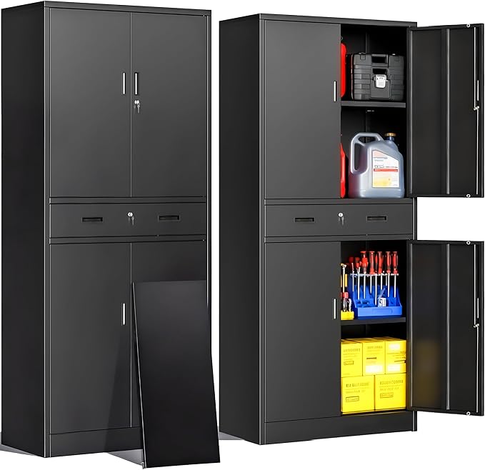 CJF Metal Storage Cabinet, 71" H Locking Storage Cabinet with Drawer and Adjustable Shelves, Steel Cabinets for Garage, Home Office, Kitchen (Black)