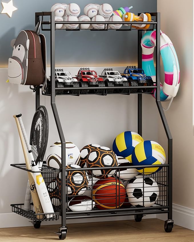 Sports Equipment & Toy Storage Rack with Wheels, 3-Tier Ball Organizer for Balls, Rackets & Sports Gear, Large Capacity with Racket Slots & Hooks, for Garage, Home Gym or Backyard – 23" W