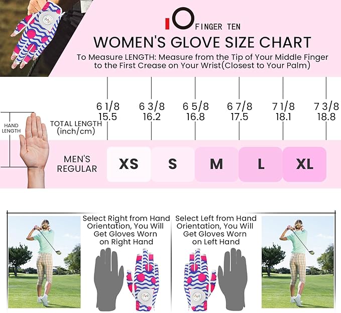 FINGER TEN Stylish Golf Gloves Women with Ball Marker 1 Pack for Left or Right Hand, Breathable Glove with Fashion Patterns for Ladies Right Left Handed Golfer