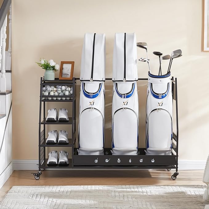 Lauren&Harold Golf Bag Organizer Garage Storage, Golf Storage Rack Stand Fits 2 Golf Bags, Golf Clubs and Other Golfing Equipment Accessories, Golf Organizer for Garage, Club, Shed, Basement