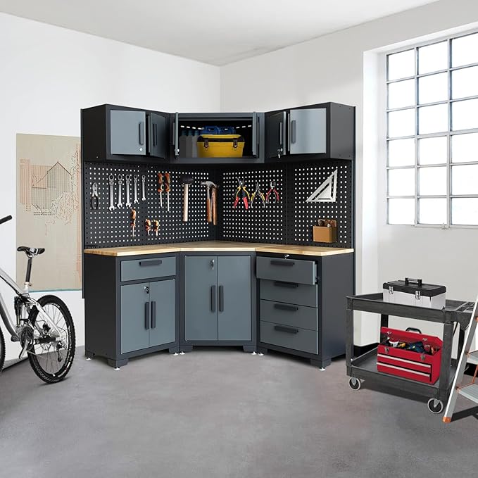 Garage Storage Cabinet System 8-Pcs Garage Cabinets and Storage System Corner Workshop Set with Corner Cabinet, Cabinet Drawers, Workbench, Pegboard for Tool Organization, Black and Grey
