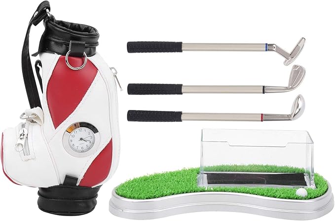 Golf Bag Pen Holder with Clock, Mini Golf Desk Decoration Set, Includes 3 Golf Ballpoint Pens and Card Case Kit, Perfect Golf Gift for Office or Club Match