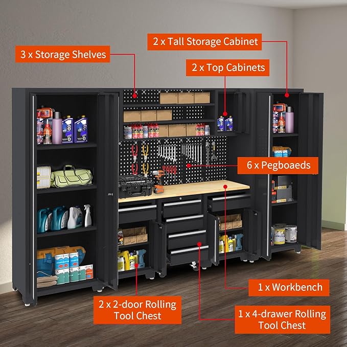 Garage Storage Cabinet System - 9-Pc Steel Workshop Set w/Workbench Includes Cabinet Drawers & Pegboard | Gray Tool Organization System for Garage/Workshop