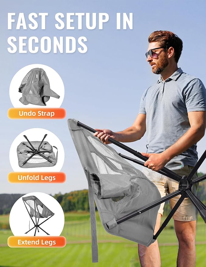 Portable Chairs for Adults Foldable, Fast Setup, Lightweight & Small Folding Chair with Cup Holder, Side Pocket and Carry Bag - Support 350 LBS