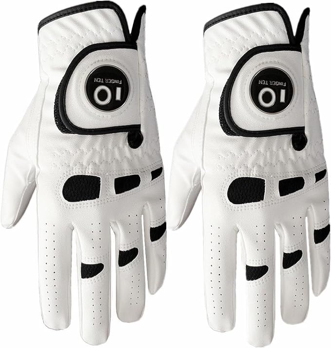 FINGER TEN Men’s Golf Gloves Left Hand Right with Ball Marker 2 Pack, Weathersof Grip Soft Comfortable, Fit Size Small Medium ML Large XL