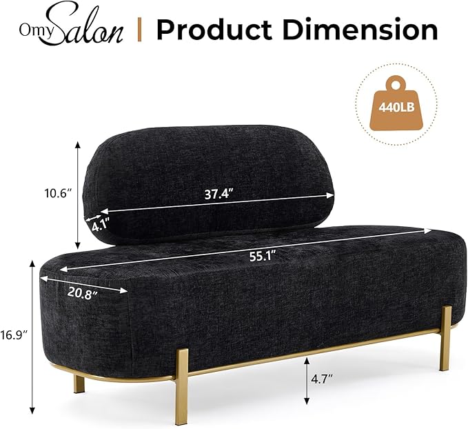OmySalon Waiting Room Bench with Back, 55.1" Office Guest Chair, Chenille Fabric Reception Seating, Lobby Bench for Beauty Salon Barbershop Airport Bank Hall Room Conference