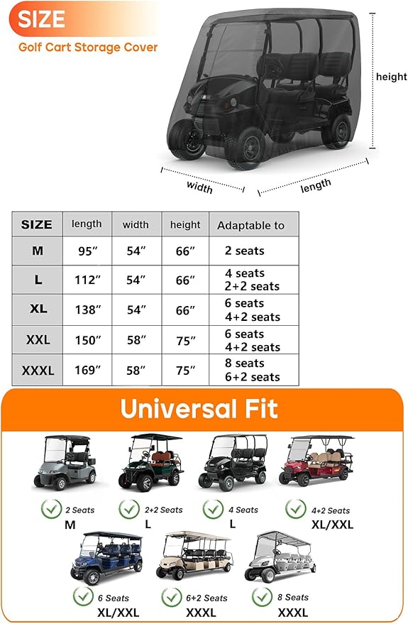 Golf Cart Cover 8 Passenger Heavy Duty, 420D Waterproof Golf Cart Covers Extended Roof Compatible with EZ GO Club Car Yamaha Golf Carts, Outdoor Dustproof 8 Seat Club Car Cover (Up to 169 Inch)