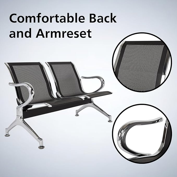 kinbor Waiting Room Chairs - Durable Black Reception Bench with Armrests, 2-Seat Office Reception Guest Chairs for Office, Hospital, Airport, Bank & Lobby (Set of 2)