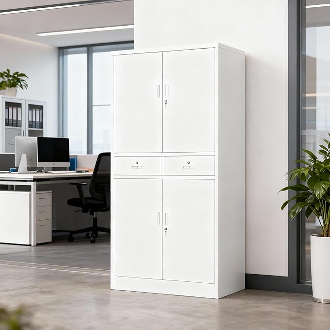 BESFUR 71“H Metal Storage Cabinet with 2 Lockable Drawers and 2 Lockable Doors, Metal Cabinet with 2 Adjustable Shelves, Locking Cabinet for Garage, Office, Classroom - White