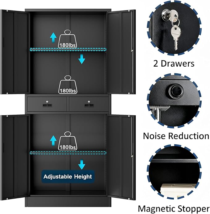 BESFUR 71“H Metal Storage Cabinet with 2 Lockable Drawers and 2 Lockable Doors, Garage Cabinet with 2 Adjustable Shelves, Locking Cabinet for Garage, Office, Classroom - Black