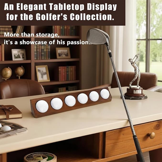 Wooden Golf Ball Display Case 1 Pack, Golf Ball Holder Display with Wall Mount & Tabletop Stand - Displays 6 Standard Size Golf Balls, Golf Accessories Gift for Men (Walnut Color)