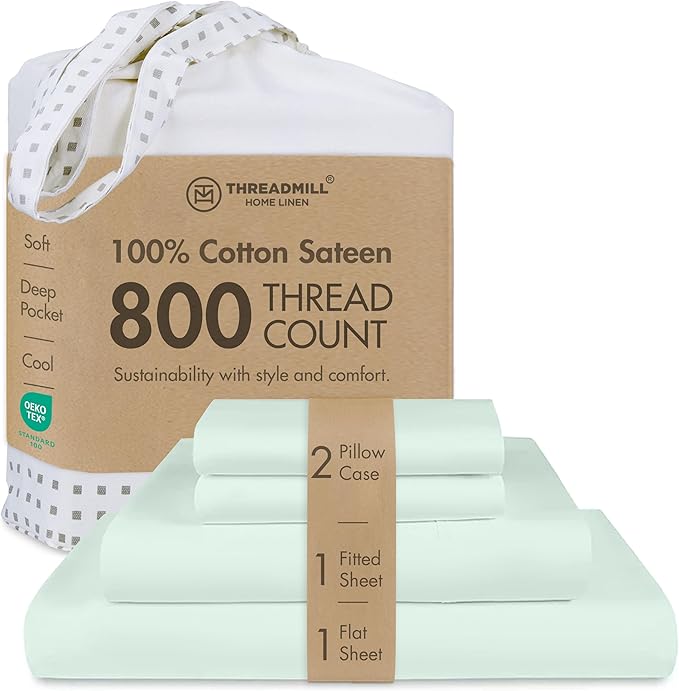 Threadmill California King Sheet Sets | 800 Thread Count Cal King Bed Sheets Set with 16” Deep Pocket | Sateen Weave, Better Than Egyptian Cotton, 4-Piece Bedding Set with Cooling Effect | Seaglass