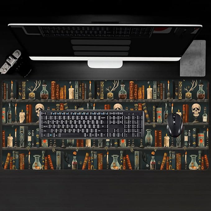Gothic Book Large Gaming Desk Mat,Rubber Non-Slip Vintage Books Skull Mouse Pad,31.5x11.8x0.12in Extended Halloween Party Goth Mousepad,Game Lover Mice Pads Gifts,Office Home Deskmat Decor
