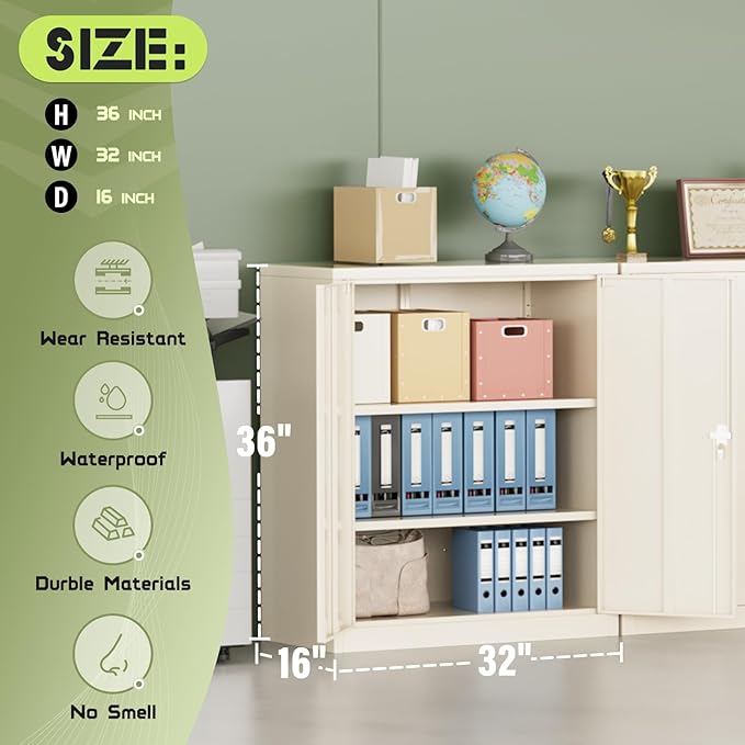 SUNCROWN Metal Storage Cabinets, 36”Locking Cabinet with Doors and Adjustable Shelves, Steel Utility Tool Garage Cabinets for Home, Office, Kitchen, Warehouse,Warm Grey