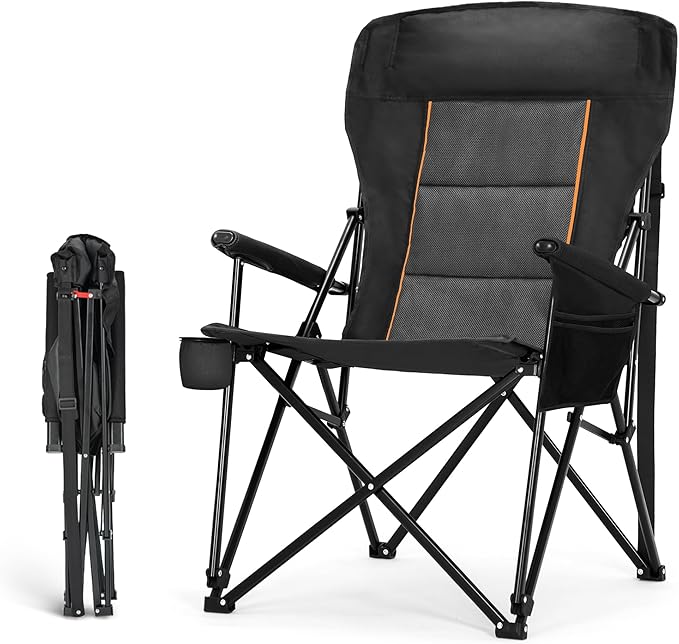 HIGH POINT SPORTS Oversized Folding Camping Chairs for Adults, High Backrest Heavy Duty Lawn Chairs Support 500 LBS Portable Collapsible Camp Chairs with Cup Holders,Side Pocket, Black