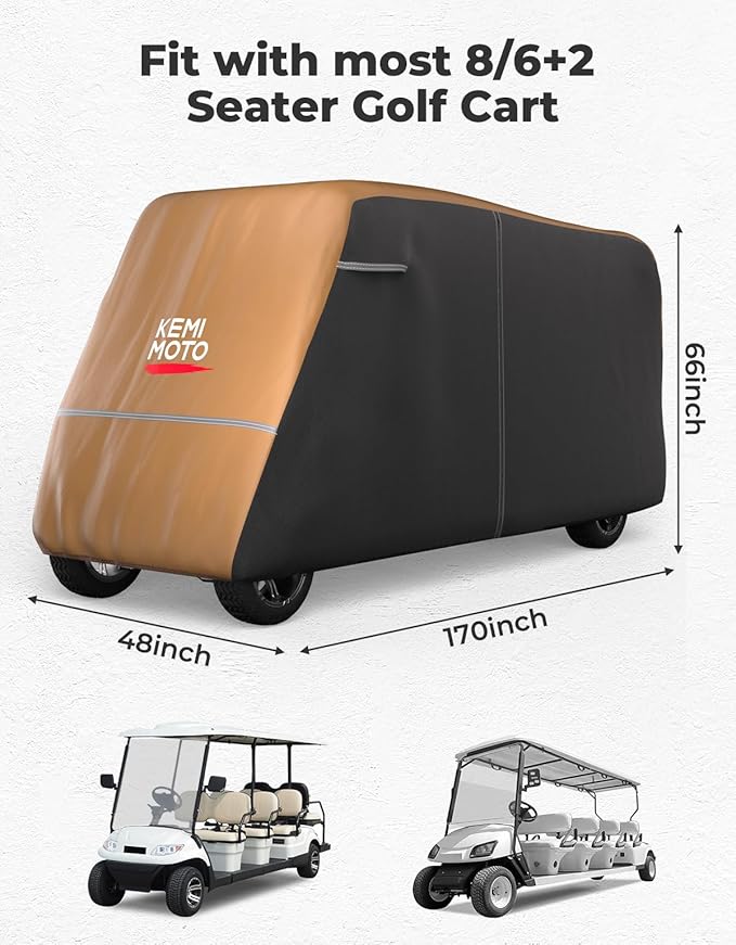 KEMIMOTO Golf Cart Cover, 2/2+2/4/4+2/6/6+2/8 Passenger Heavy Duty Golf Cart Rain Covers with Storage Bag Universal Compatible with EZGO Club Car