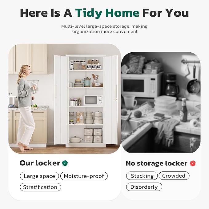 Greenvelly 63" H Metal Storage Cabinet White, Locking Metal Cabinet, Store Tools, Clothes, Tableware and Toiletries, Garage Cabinets with Adjustable Shelves for Office, Home, Garage, Pantry
