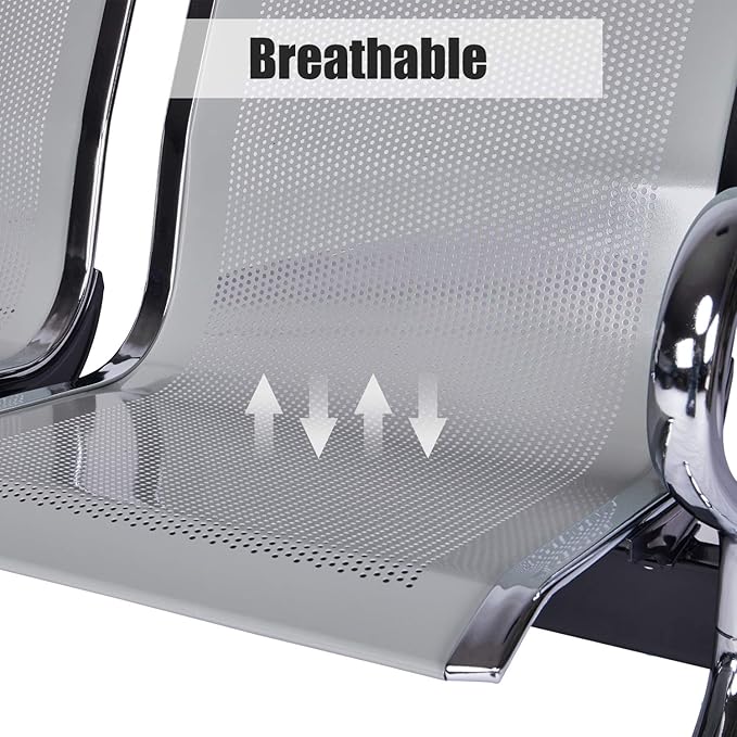 Kinfant Waiting Room Chair Bench - Guest Reception Chairs for Airport Hospital Bank Salon Barber Hall Room Conference (3-seat, Silver-Mesh)