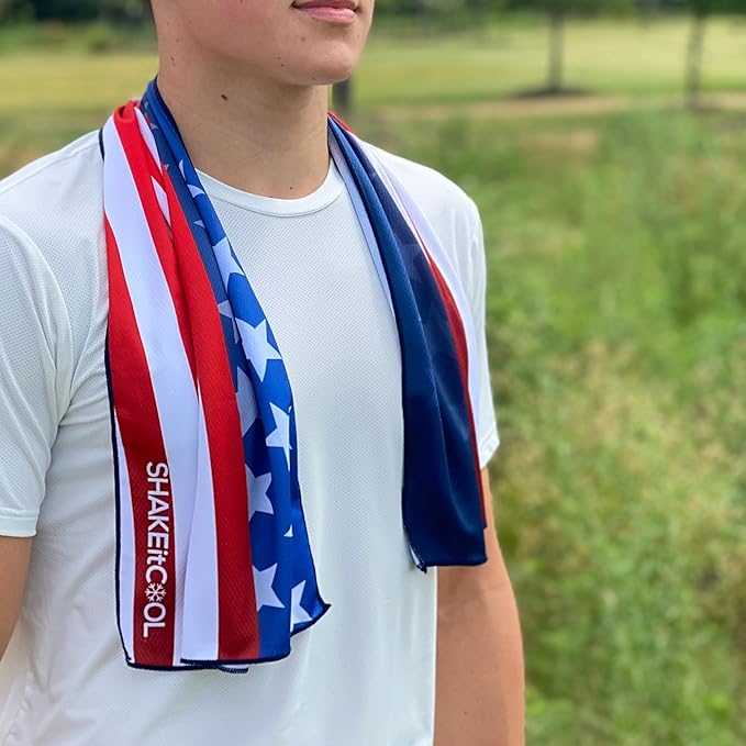 SHAKEitCOOL Extended Size Cooling Towel – Be Cool in Style - Heat Relief, Soft, Lightweight, Sun Protection, Easy Clean - Perfect for Biking, Hiking, Running, Yoga, Golf, Gardening - Wavy Flag M