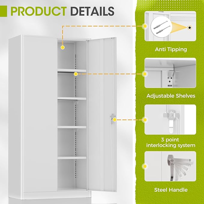 Greenvelly Metal Lockable Storage Cabinet, 72” Tall Storage Cabinet with 2 Doors and 4 Adjustable Shelves for Office, Home, Garage, Pantry (Assembly Required, 18”D, White)