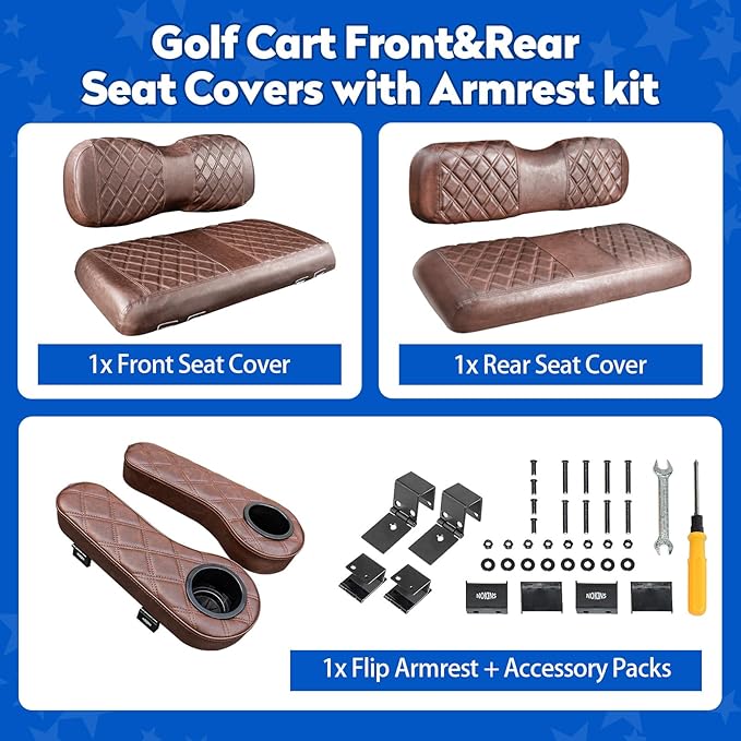 NOKINS Golf Cart Seat Covers for YAMAHA/G29/Drive2, Vinyl Front&Rear Seat Cover with Flip-Up Armrests kit, with Cup Holder, for 1" Square Tube (Brown&Brown 8438)