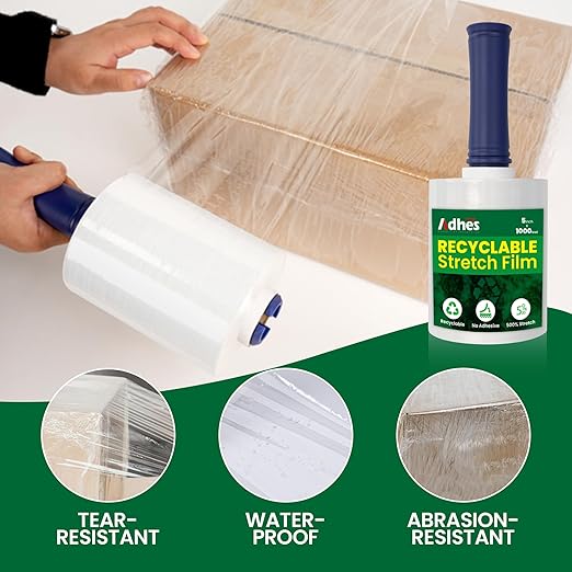 Adhes Recyclable Stretch Wrap Film 5 Inch x 1000 Feet, 8 Rolls with Handle, Heavy Duty Plastic Pallet Wrap for Moving, Packing, Shipping, Eco-Friendly, Tear Resistant, Self Adhering Clear Film