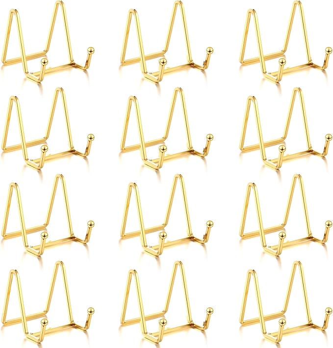 Kenning 12 Pieces Gold Plate Holder Easel Display Stand Metal Book Display Stand Tabletop Picture Frame Holder Photo Square Iron Easel Decorative for Kitchen Office Room Tabletop(3 Inch)
