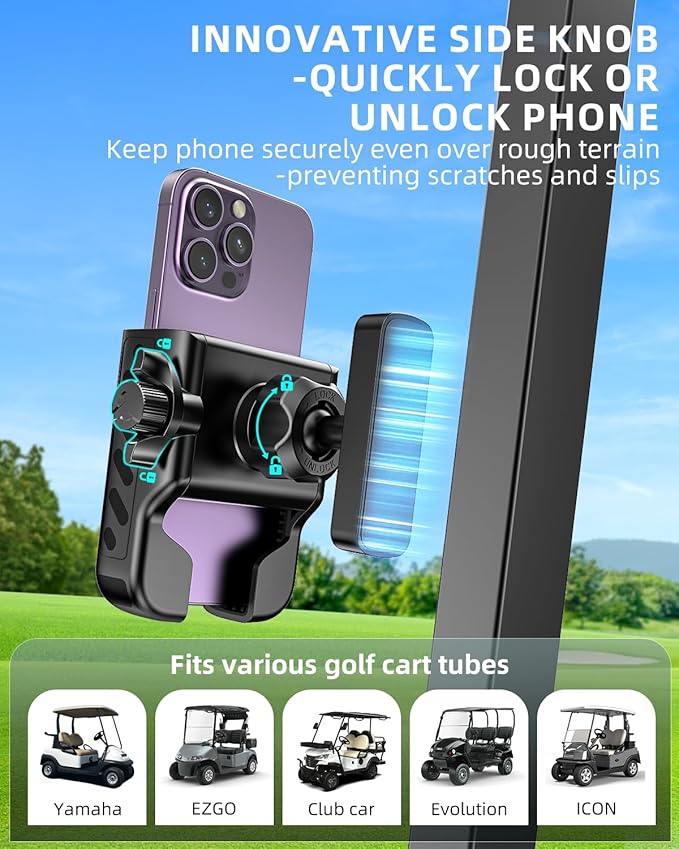 Golf Cart Phone Holder , 360° Adjustable Universal Golf Magnetic Phone Mount Compatible with iPhone Google Pixel EZGO Club Car Yamaha Icon Golf Cart Accessories Golf Gifts for Friend Men Husband Dad
